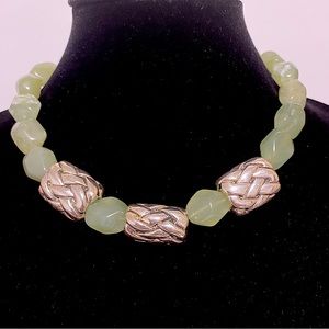 Vintage Pale Green Jade ColorNugget and Large Silver Accent 18”Necklace